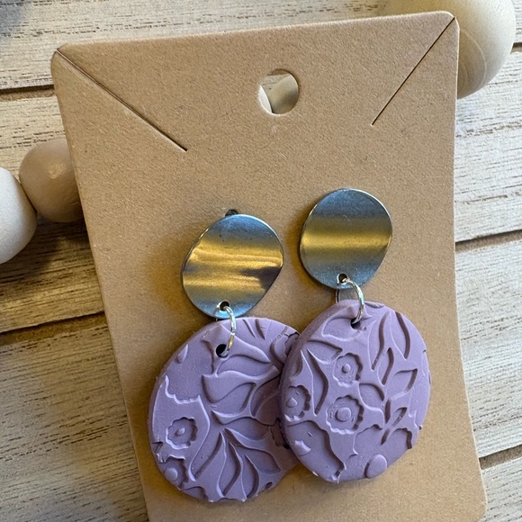 Lavender Floral Embossed Earrings with Silver Studs | Handmade Statement Jewelry - Picture 4 of 7